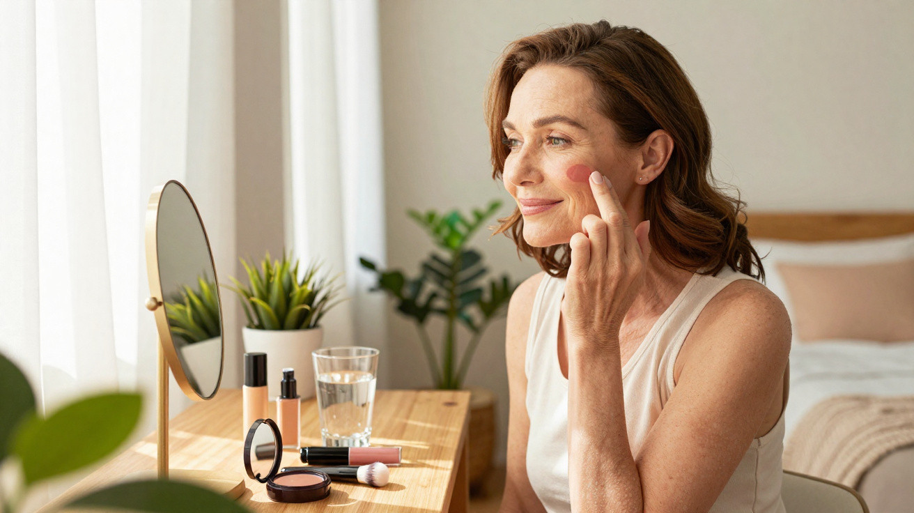 Middle-aged woman applying blush while sitting at a wooden vanity table with makeup products.
