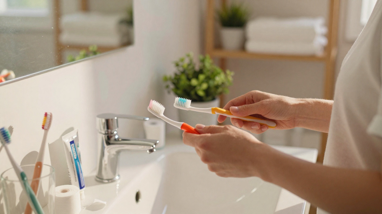 Person holding two toothbrushes with toothpaste in a bright, modern bathroom by the sink and mirror.