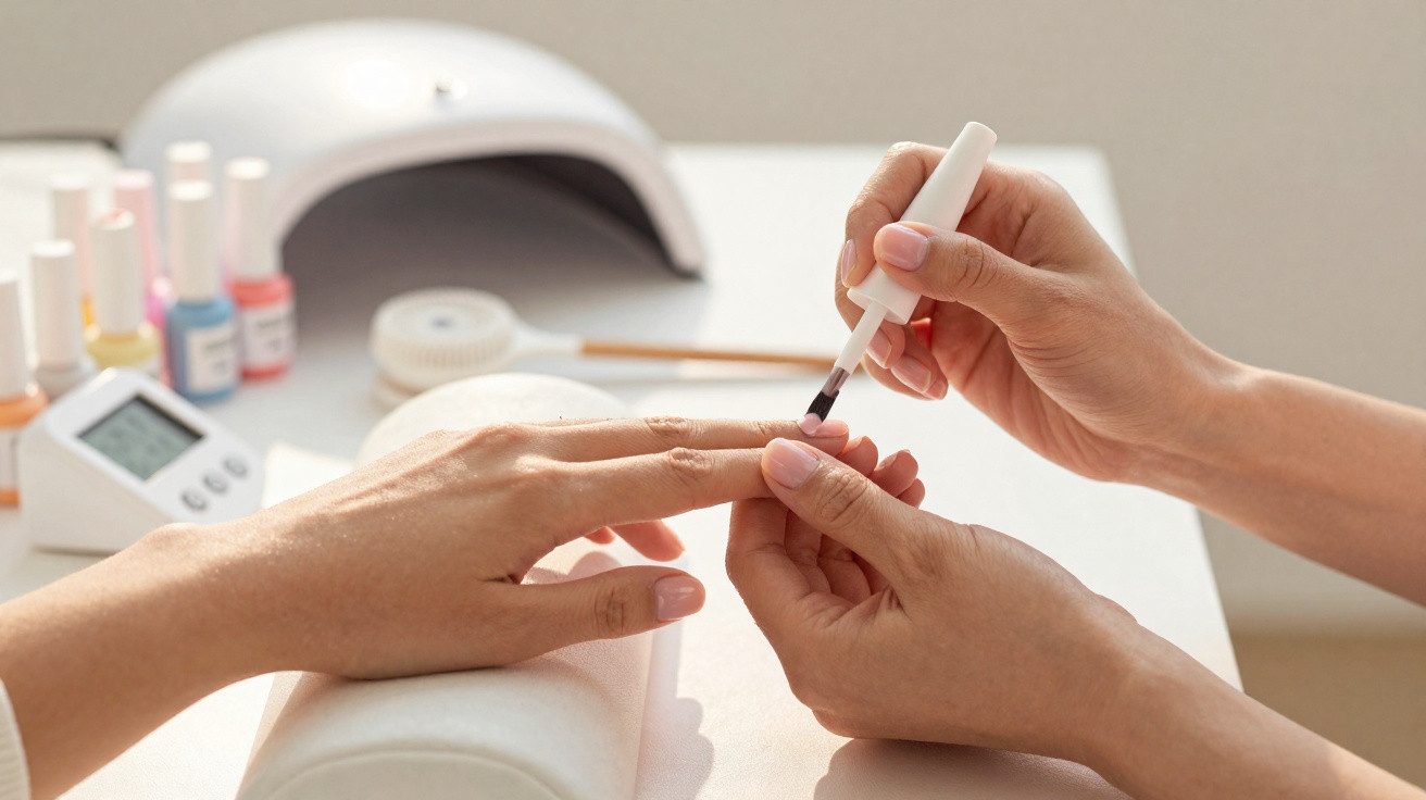 Close-up of a person applying clear nail polish on another's fingernails in a manicure session.
