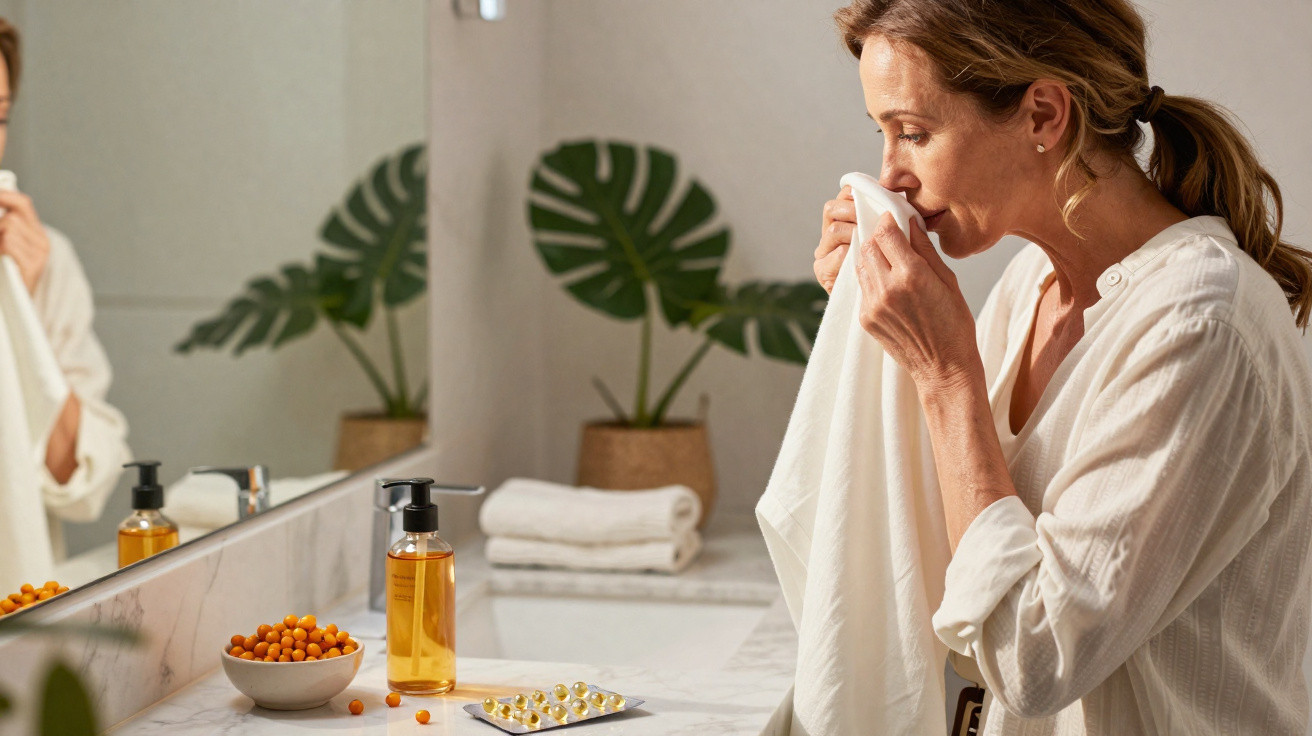 Woman smelling a white cloth in a bathroom with skincare products and plant visible on the counter.