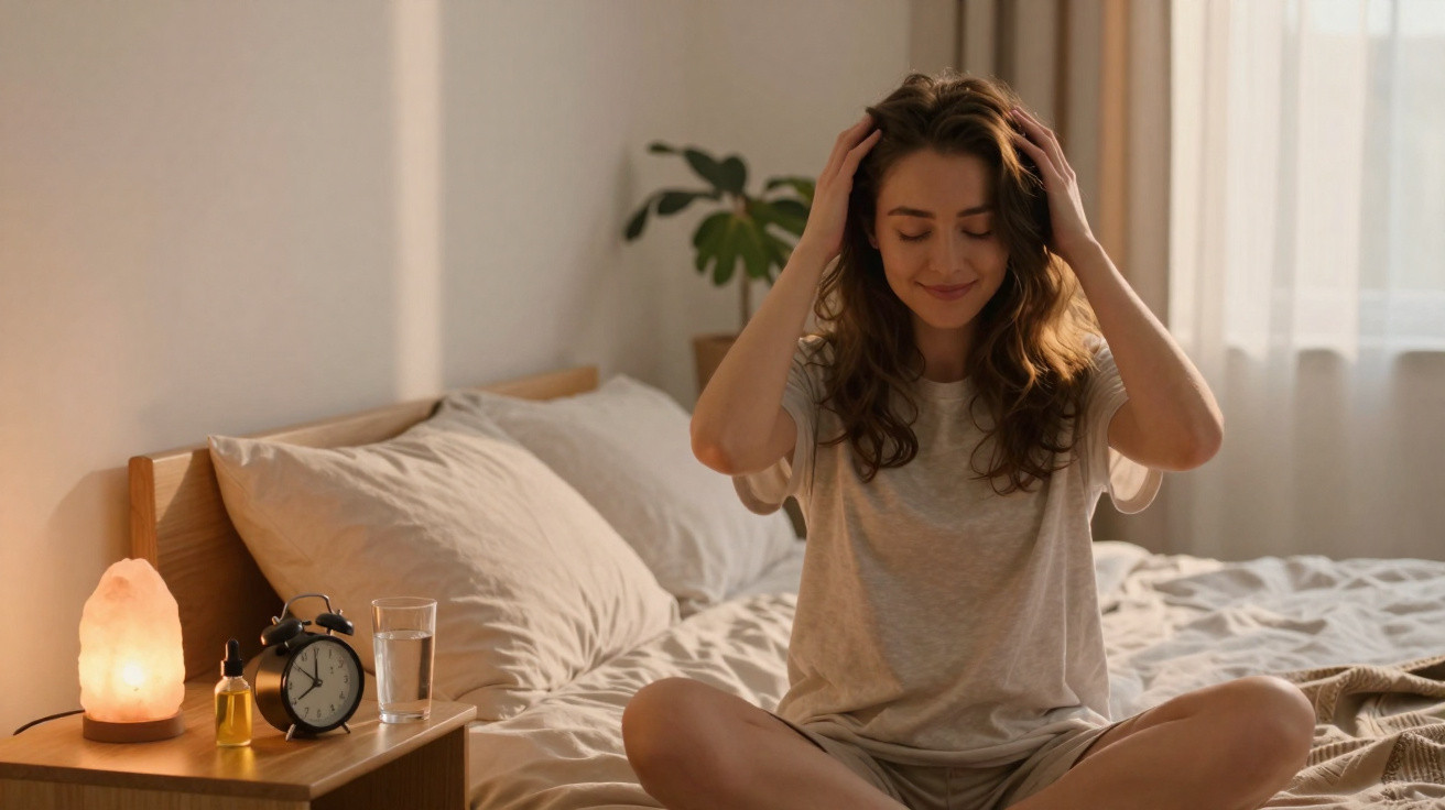 Woman with closed eyes sitting cross-legged on bed, hands on head, next to nightstand with lamp, clock, and glass of water.