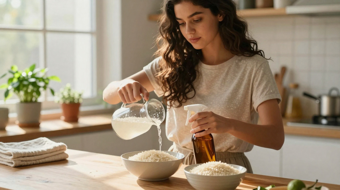 Woman pouring liquid from a jug into a bowl of rice in a sunny kitchen.