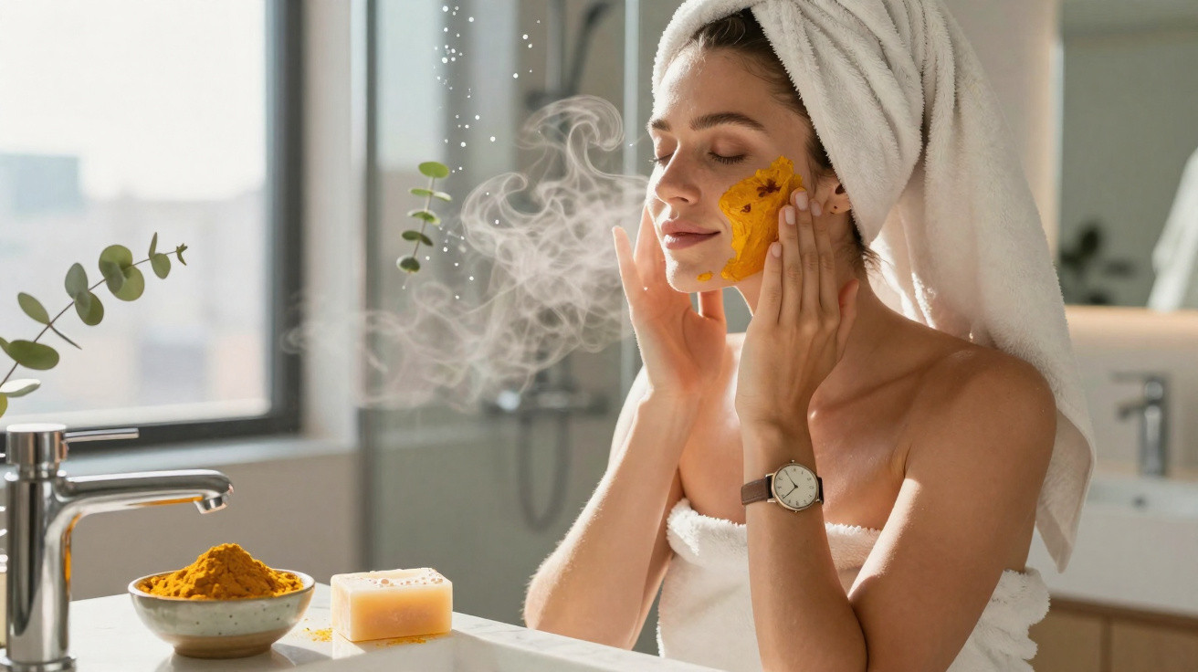 Woman with a towel on her head applying a turmeric face mask in a bathroom with natural light.