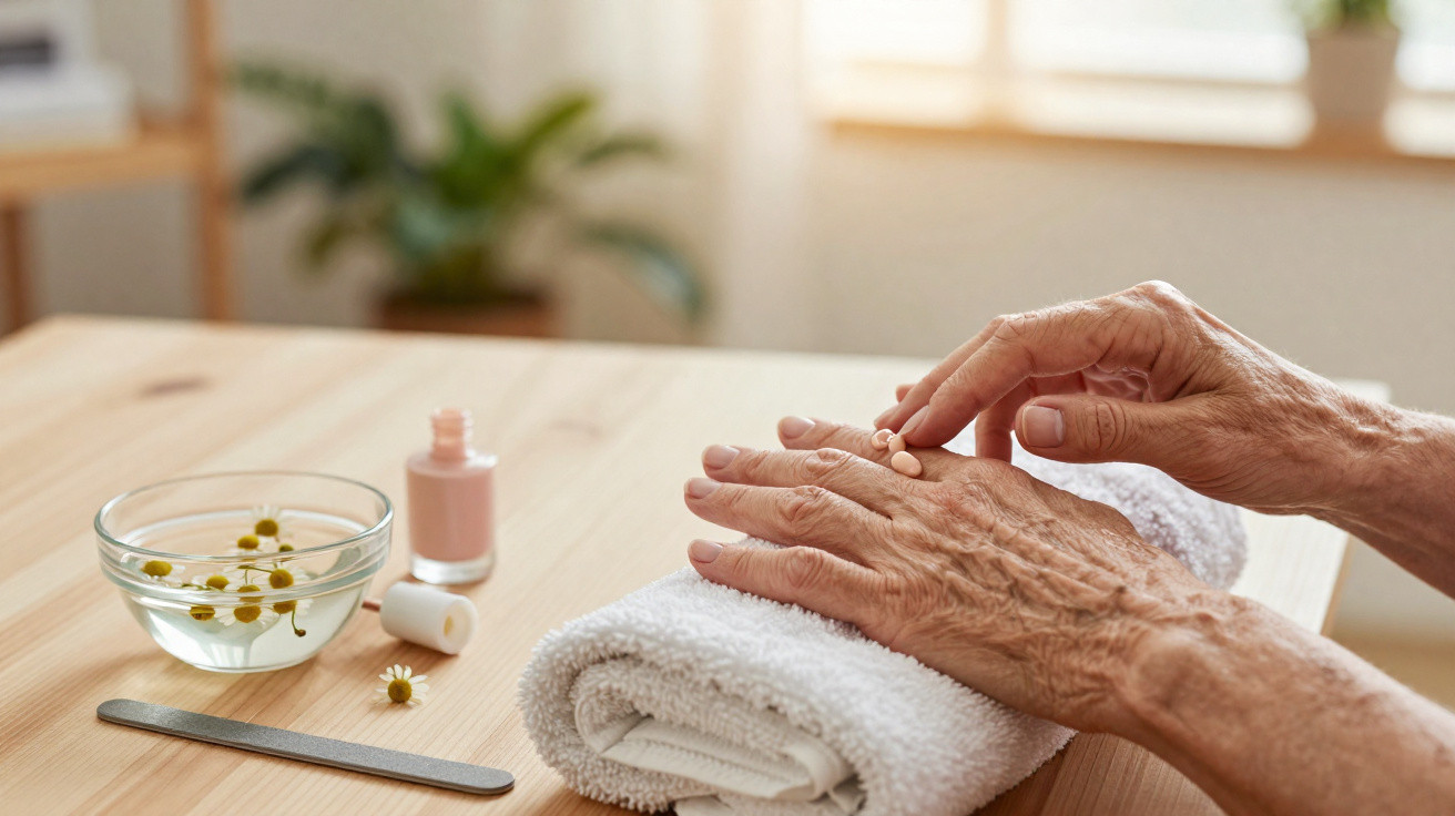 Elderly hands applying hand cream on a white towel with chamomile flowers in a bowl on a table.