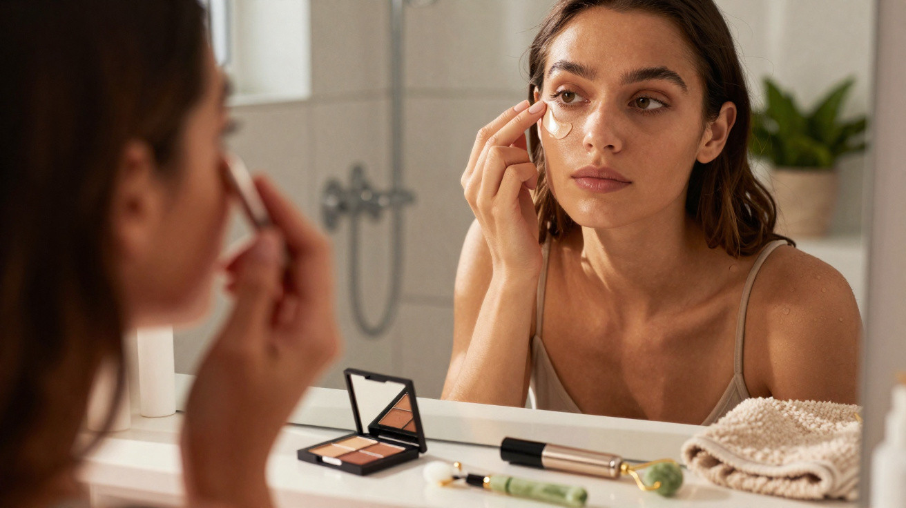Woman applying under-eye patches while looking in bathroom mirror with makeup products on counter.