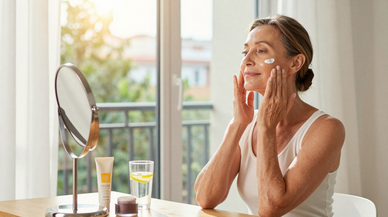 Middle-aged woman applying face cream while looking in mirror at a sunlit table with skincare products and lemon water.