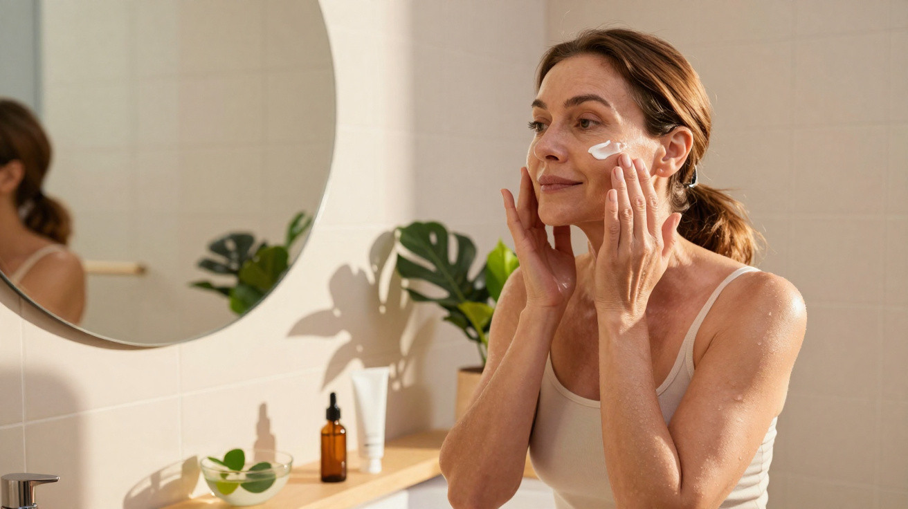 Woman applying cream to her face in a bright bathroom with a round mirror and skincare products on the counter.