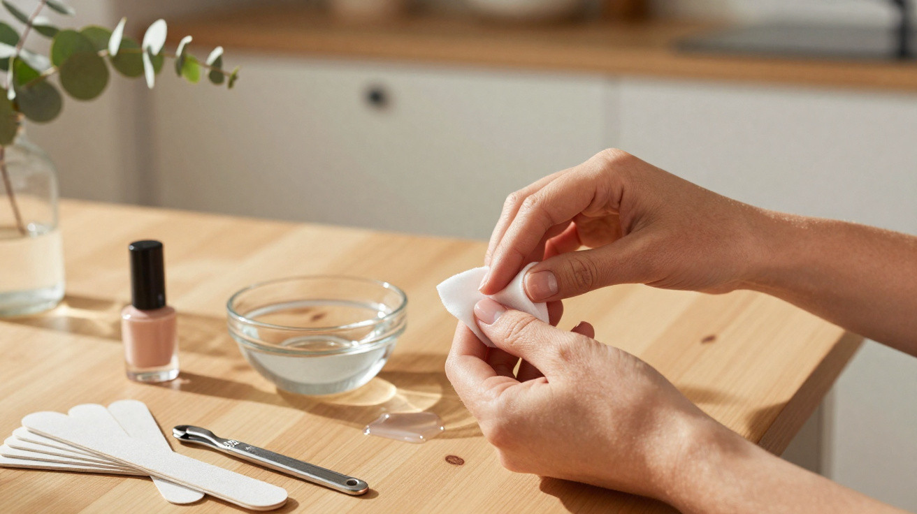 Hands holding a cotton pad preparing for nail polish removal with nail tools and a bowl on a wooden table.