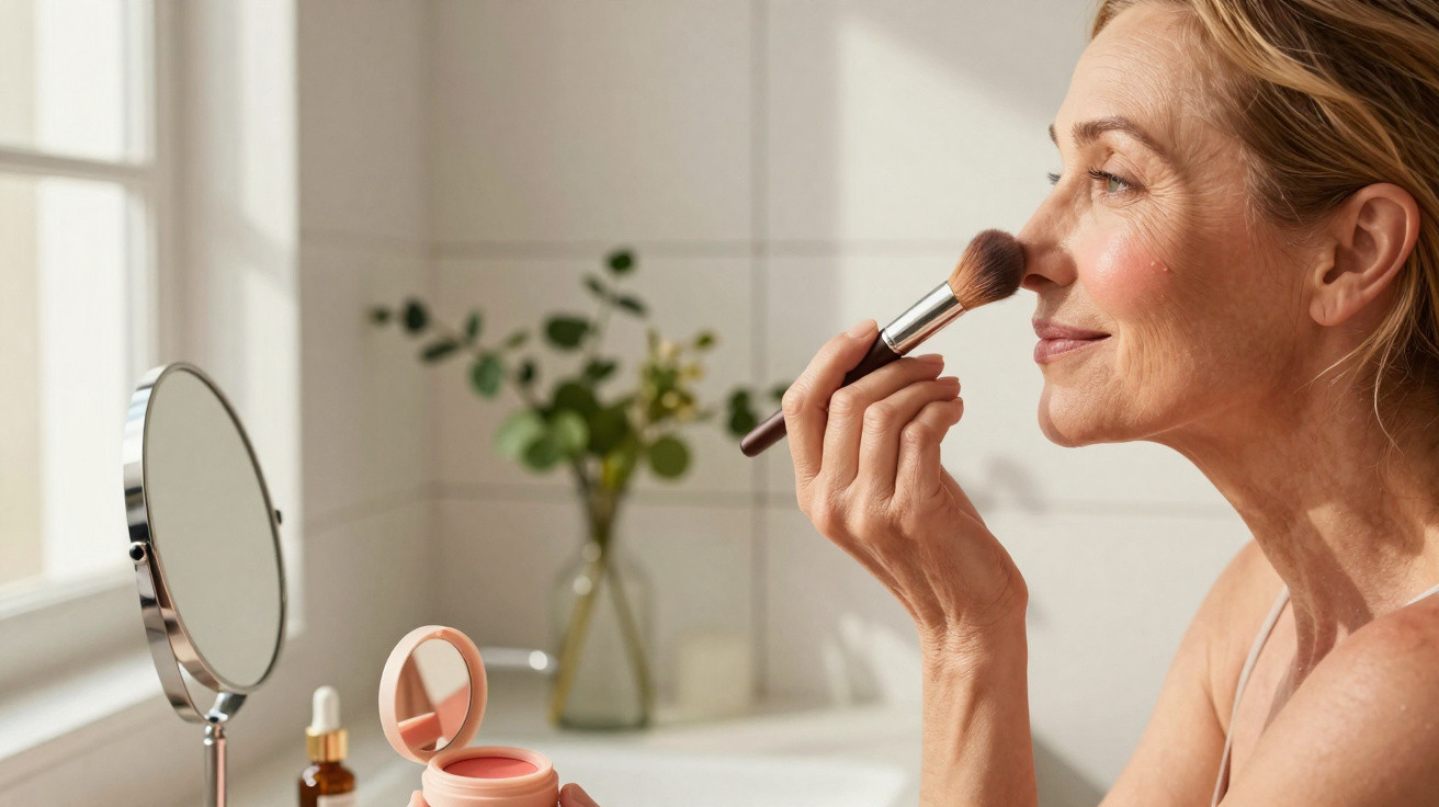 Middle-aged woman applying makeup with brush in bright bathroom by a mirror