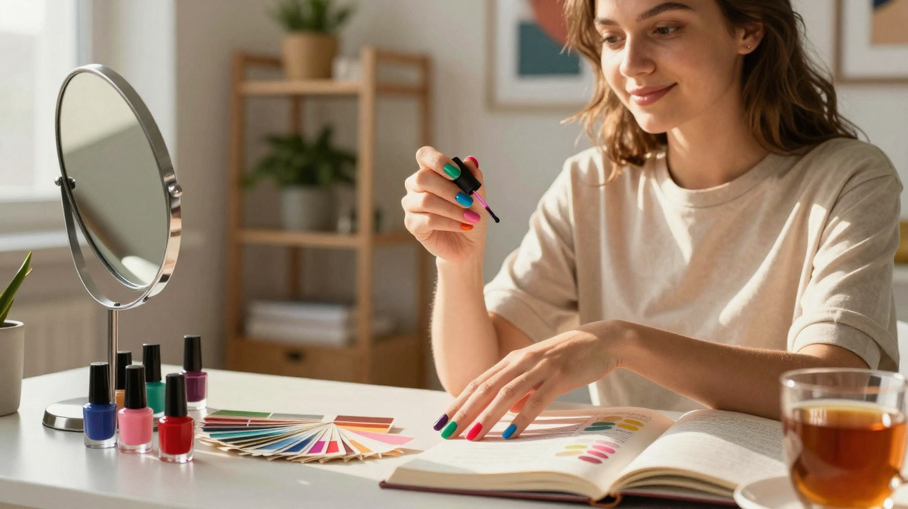 Young woman painting her nails while consulting a nail polish colour guide at a white table.