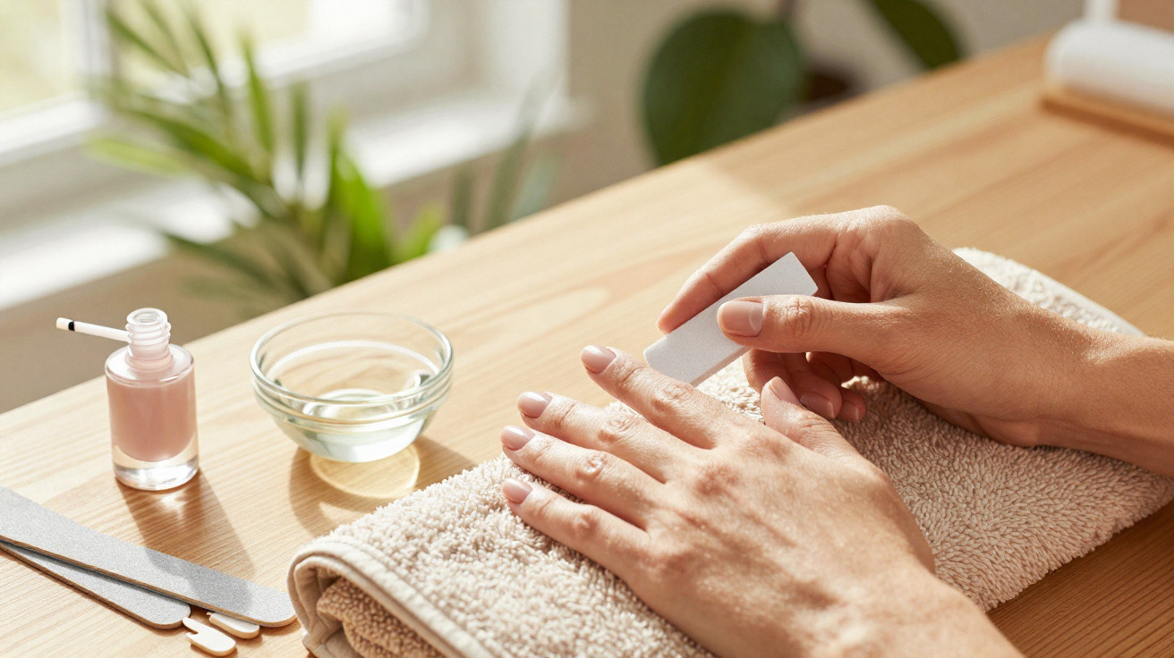 Person filing nails on a towel with nail tools and nail polish on wooden table in natural light.