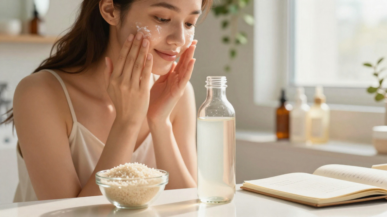 Young woman applying cream to her face with a bowl of rice and a bottle on the table beside an open book.