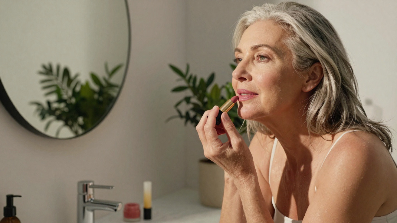 Middle-aged woman applying lipstick while looking in bathroom mirror with plants in the background