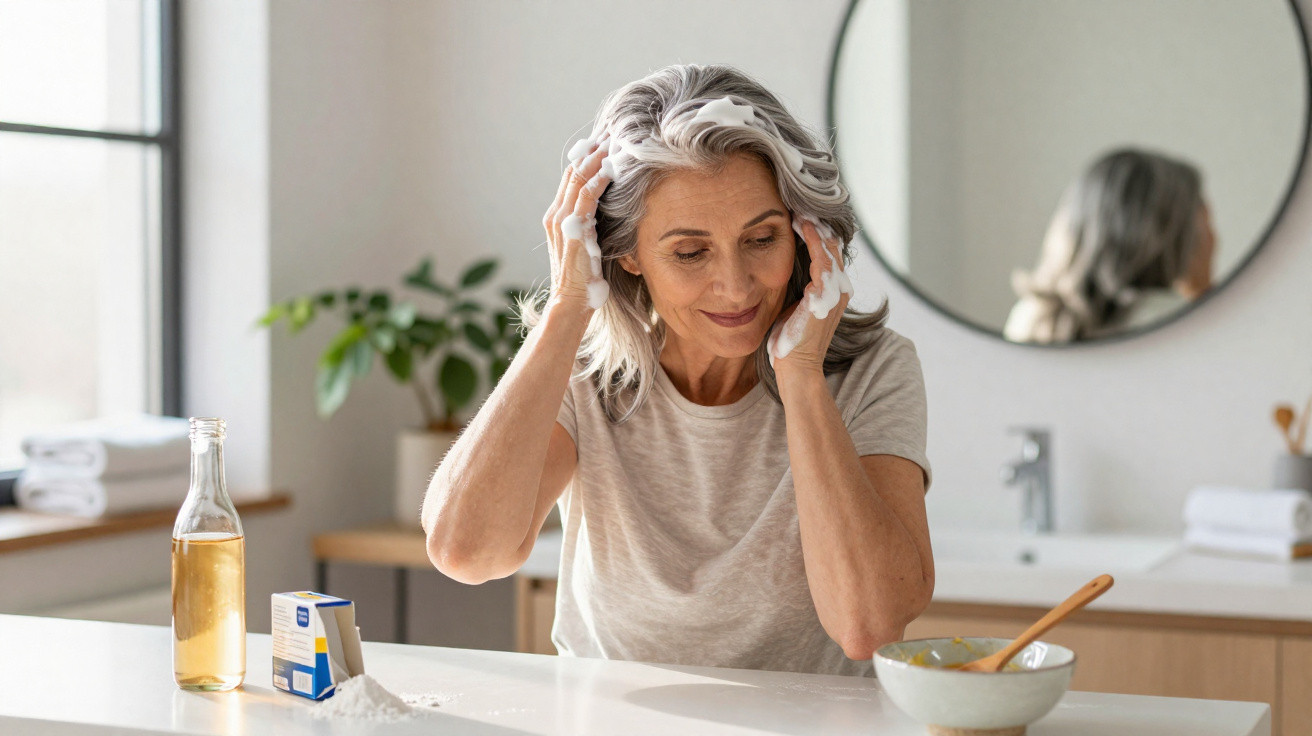 Mature woman applying a creamy face mask in a bright bathroom with skincare products on the counter.