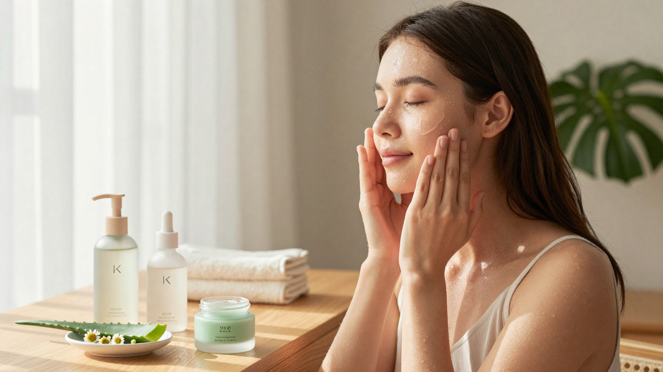 Woman applying skincare cream to face with skincare bottles and aloe vera on table in bright room