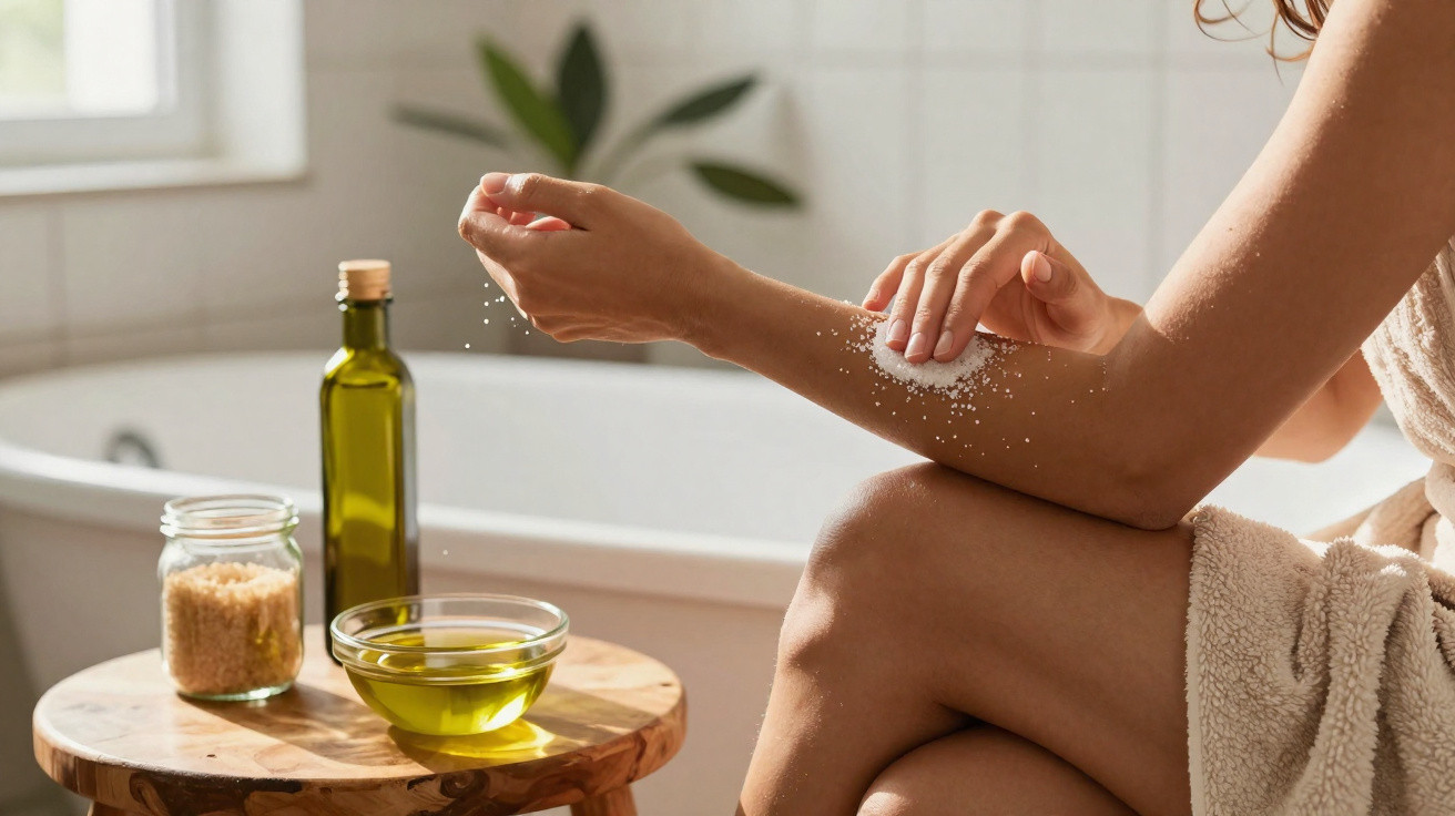 Person exfoliating their arm with salt scrub beside a bathtub and natural oils on a wooden stool