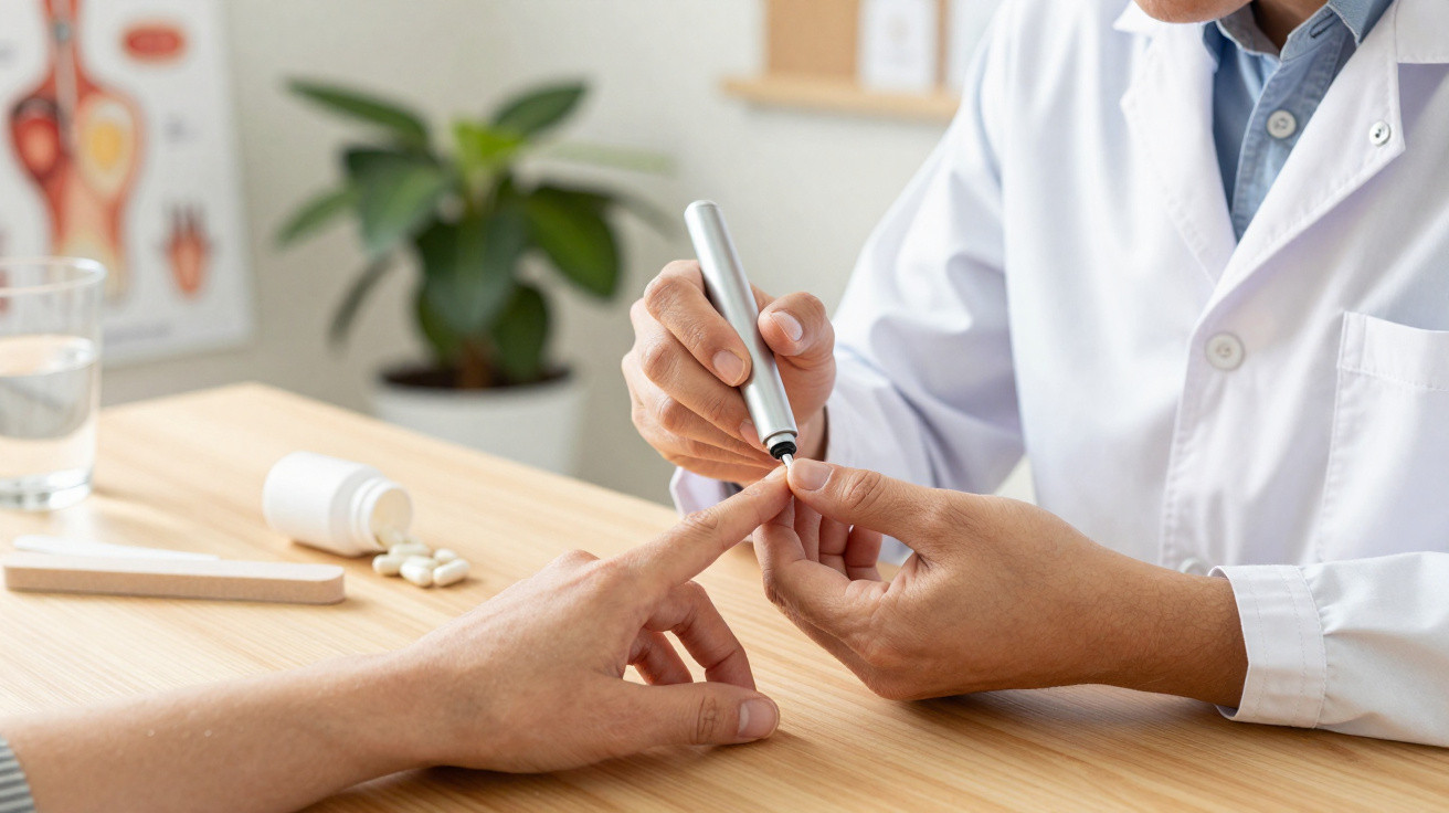 Healthcare professional using a blood glucose meter to test a patient's blood sugar at a clinic.