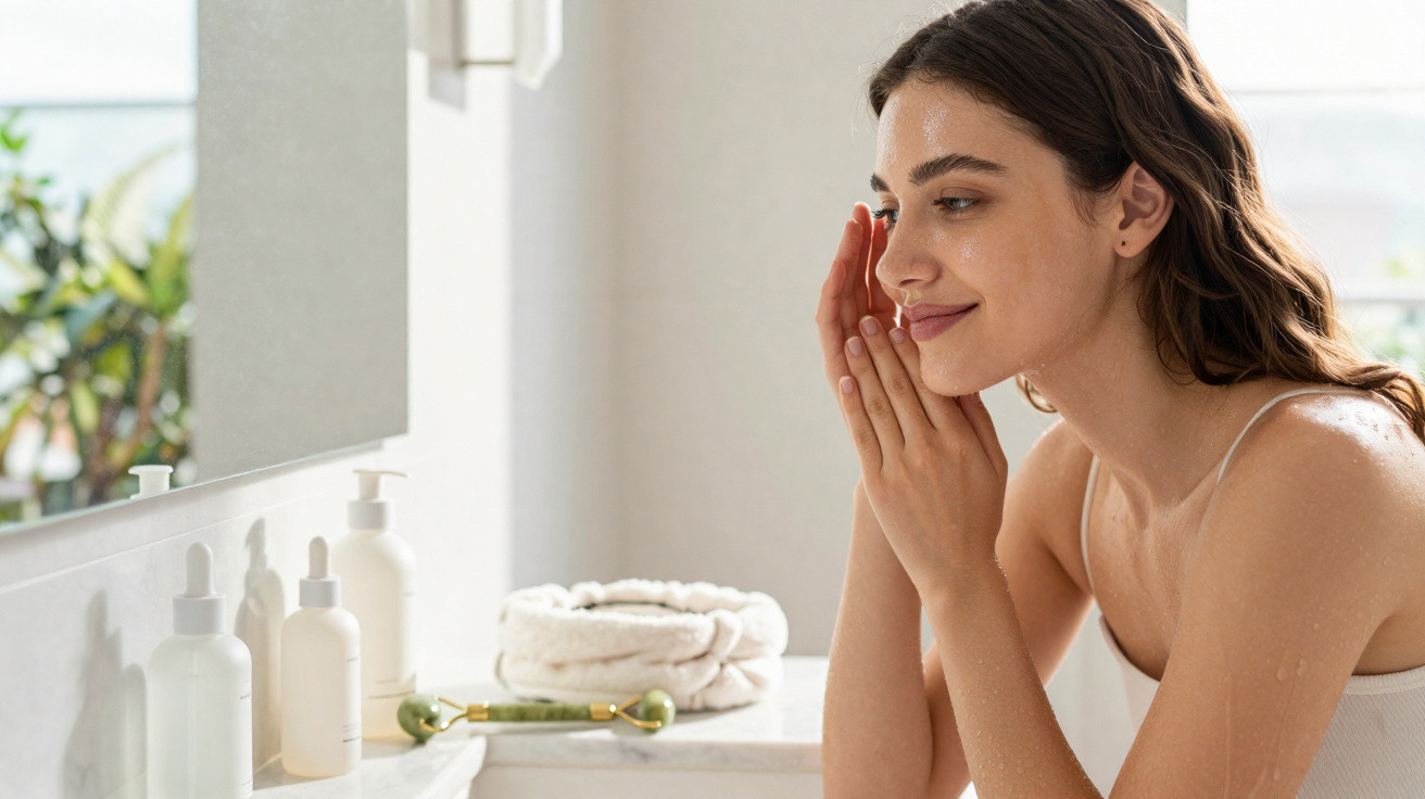 Woman with wet hair gently touching her face in front of a bathroom mirror with skincare products nearby