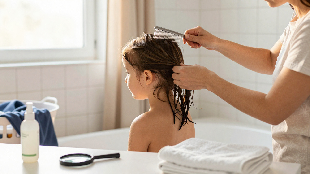 Adult combing young child’s wet hair in bright bathroom with towel and magnifying glass on counter.