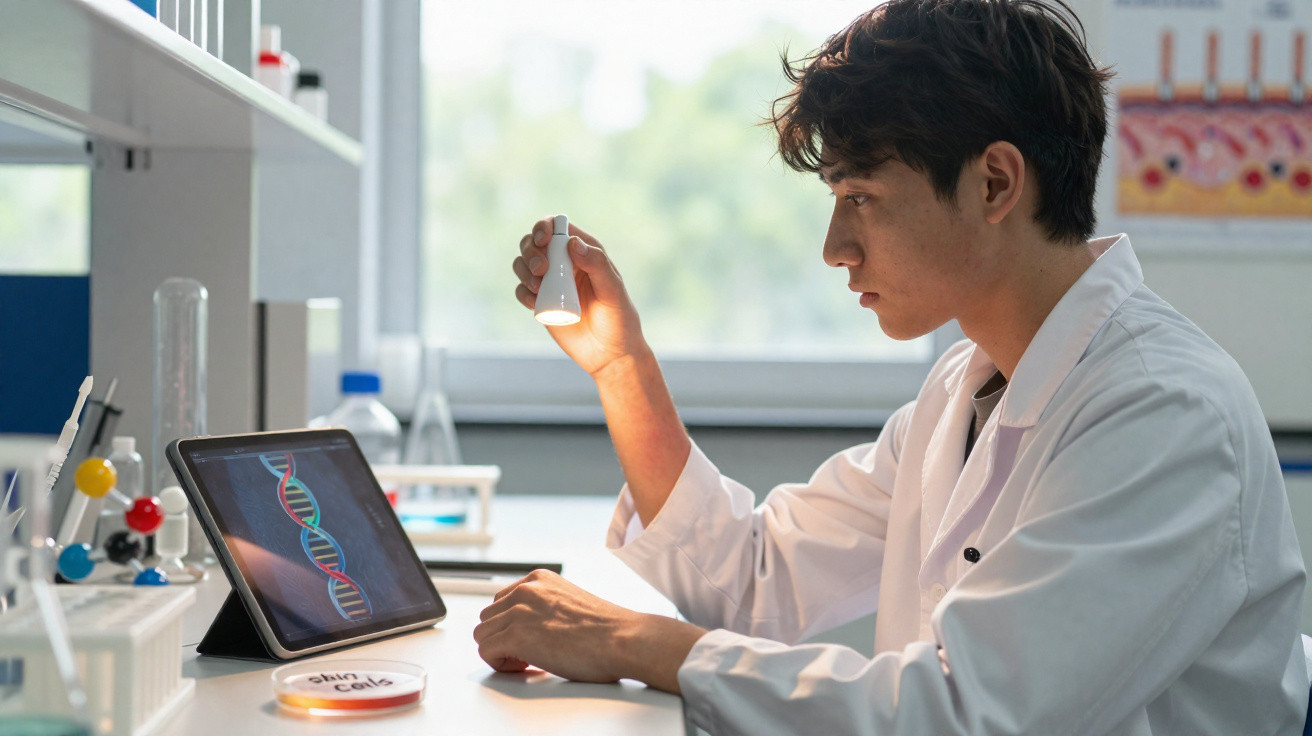 Scientist in a lab coat examining a test tube with a DNA double helix displayed on a tablet screen nearby.