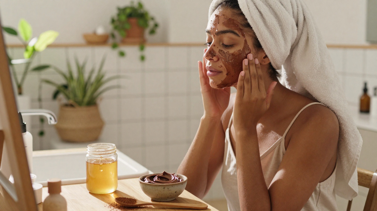 Woman with a towel wrapped on her head applying a chocolate facial mask in a bathroom with plants and skincare products.