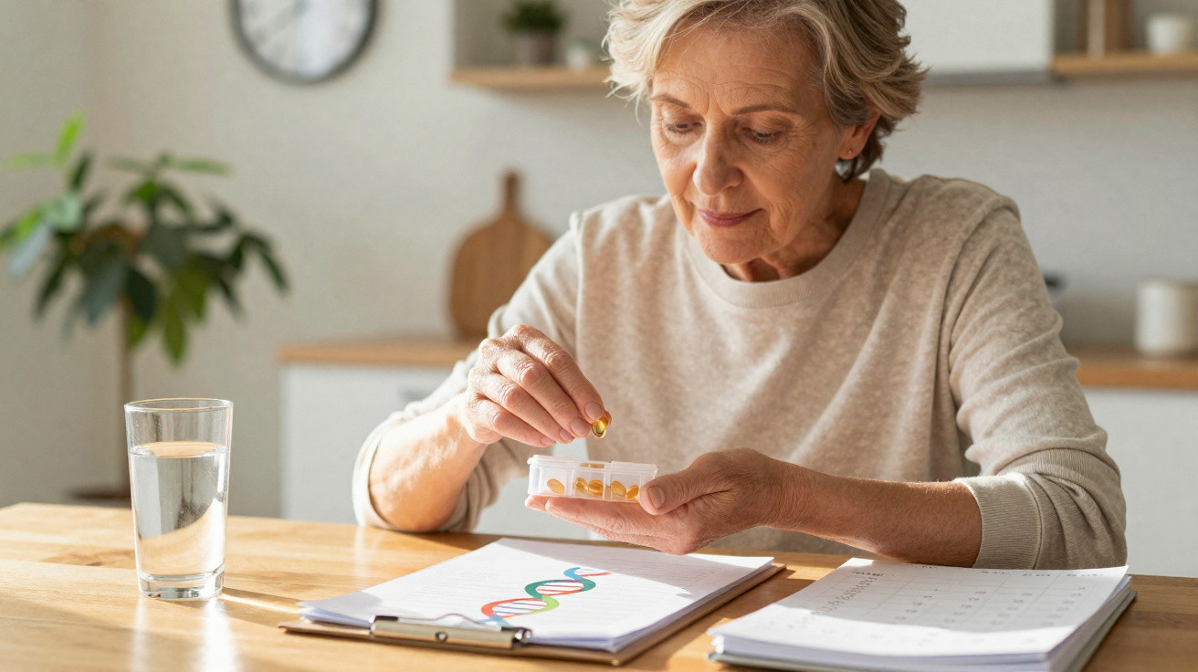 Elderly woman organising yellow capsules from a pill organizer at a kitchen table with a glass of water nearby.