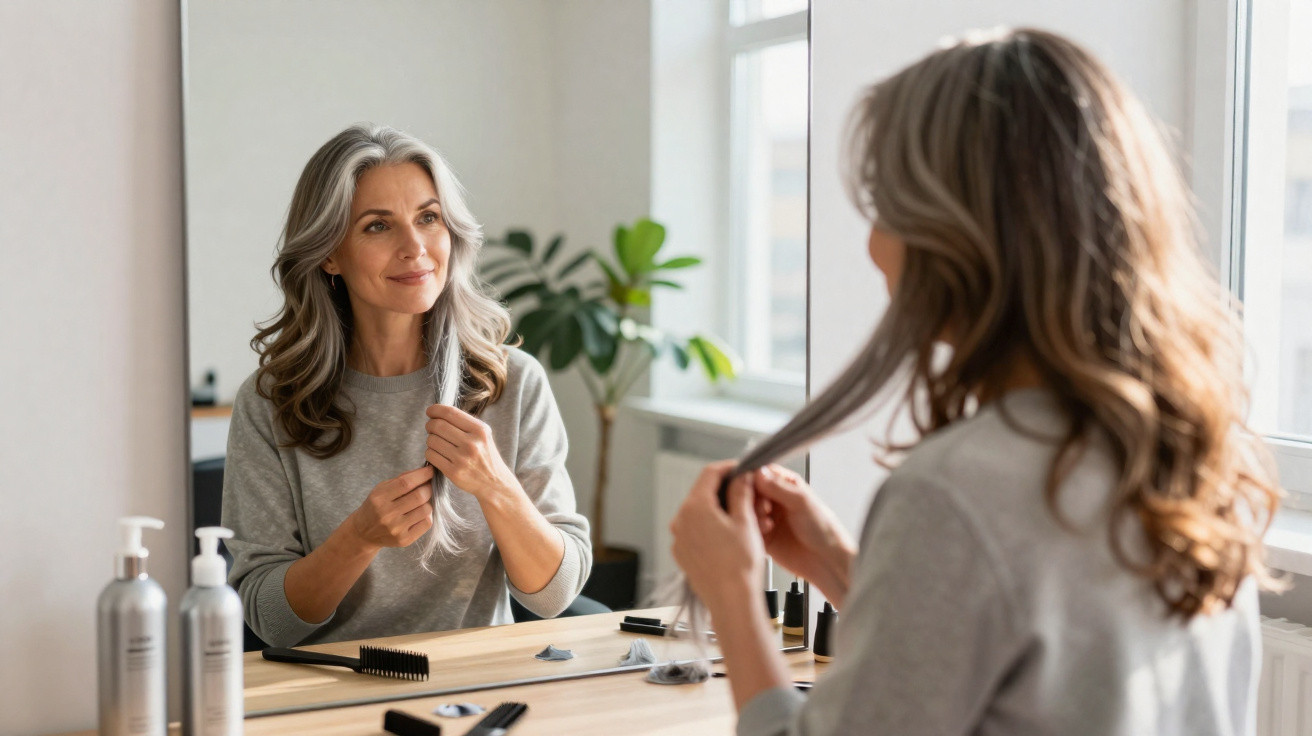 Middle-aged woman with grey hair styling her hair while sitting at a vanity table with beauty products.