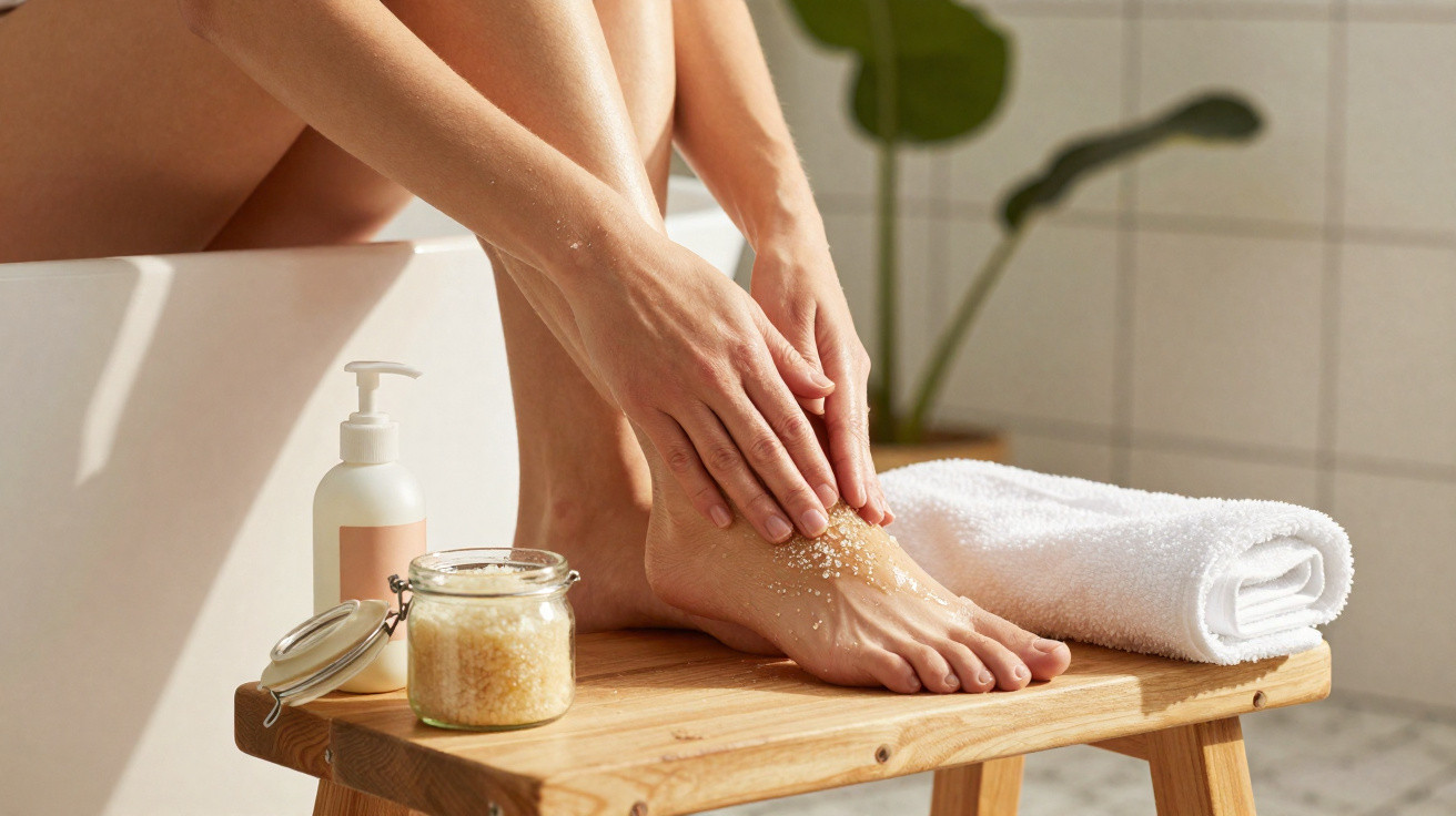 Person exfoliating feet with scrub on a wooden bench next to a towel and lotion in a bathroom setting.