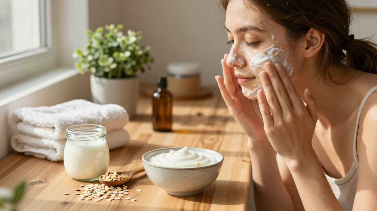Woman with eyes closed applying creamy facial mask with oats in a bright wooden room by window.