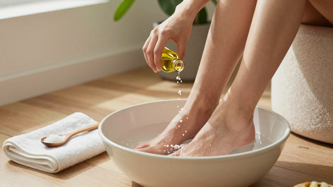 Person pouring oil onto feet soaking in a bowl of water with a towel and salt on the floor nearby.
