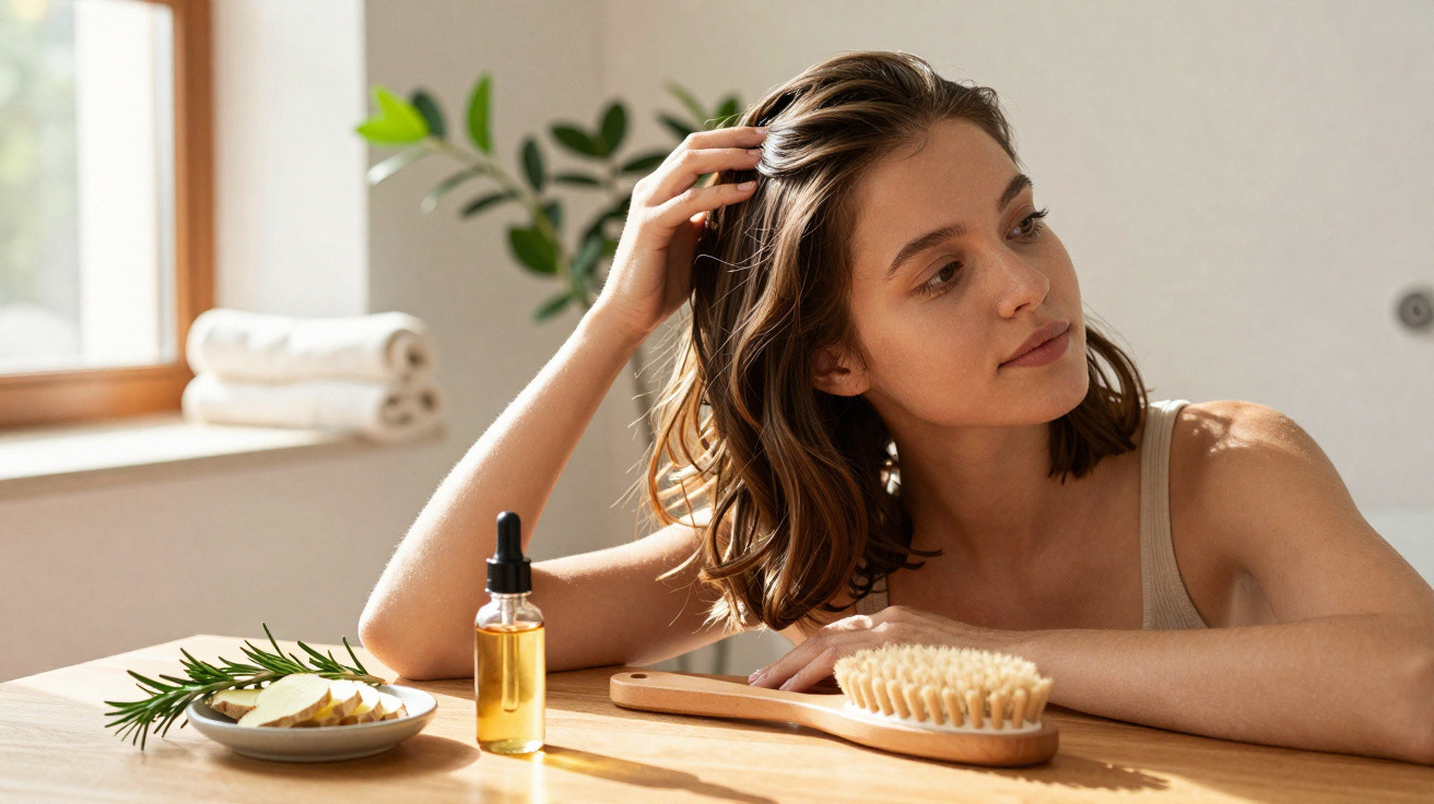 Young woman touching her hair at a wooden table with oil, brush, and sliced ginger in a bright room.