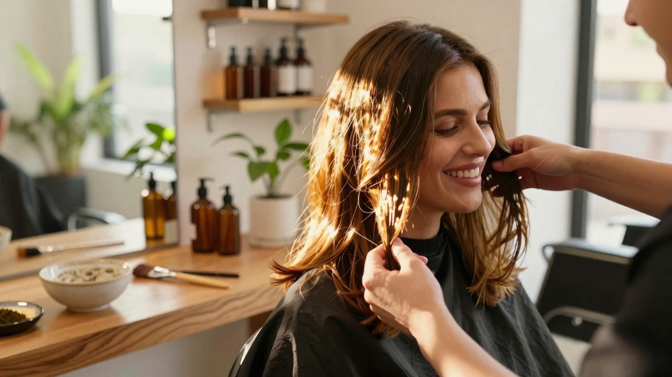 Smiling woman having her hair styled by a hairdresser in a bright salon with plants and bottles in the background.