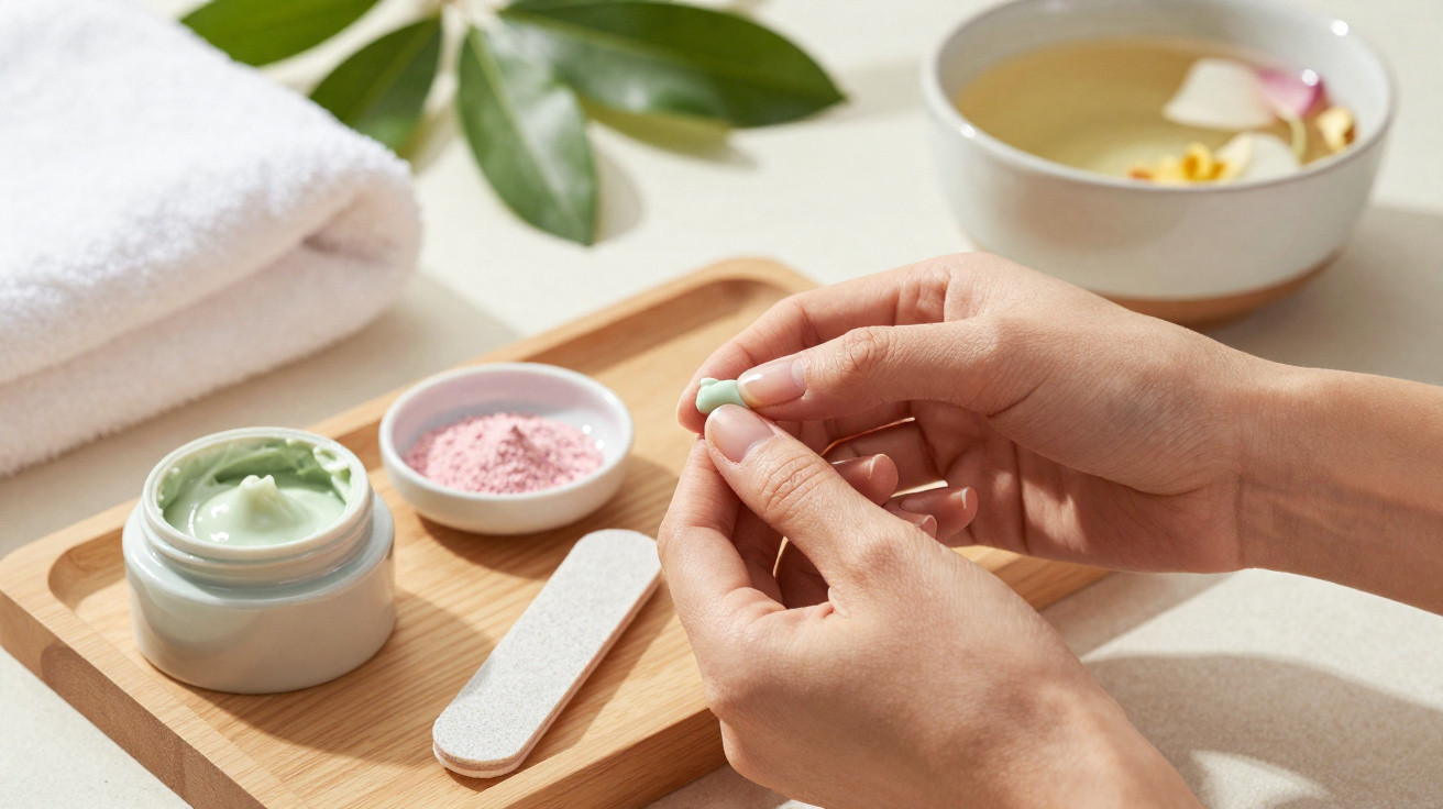 Hands applying green cream with a nail file, pink powder, towel, leaves and a bowl of herbal tea on a wooden tray.