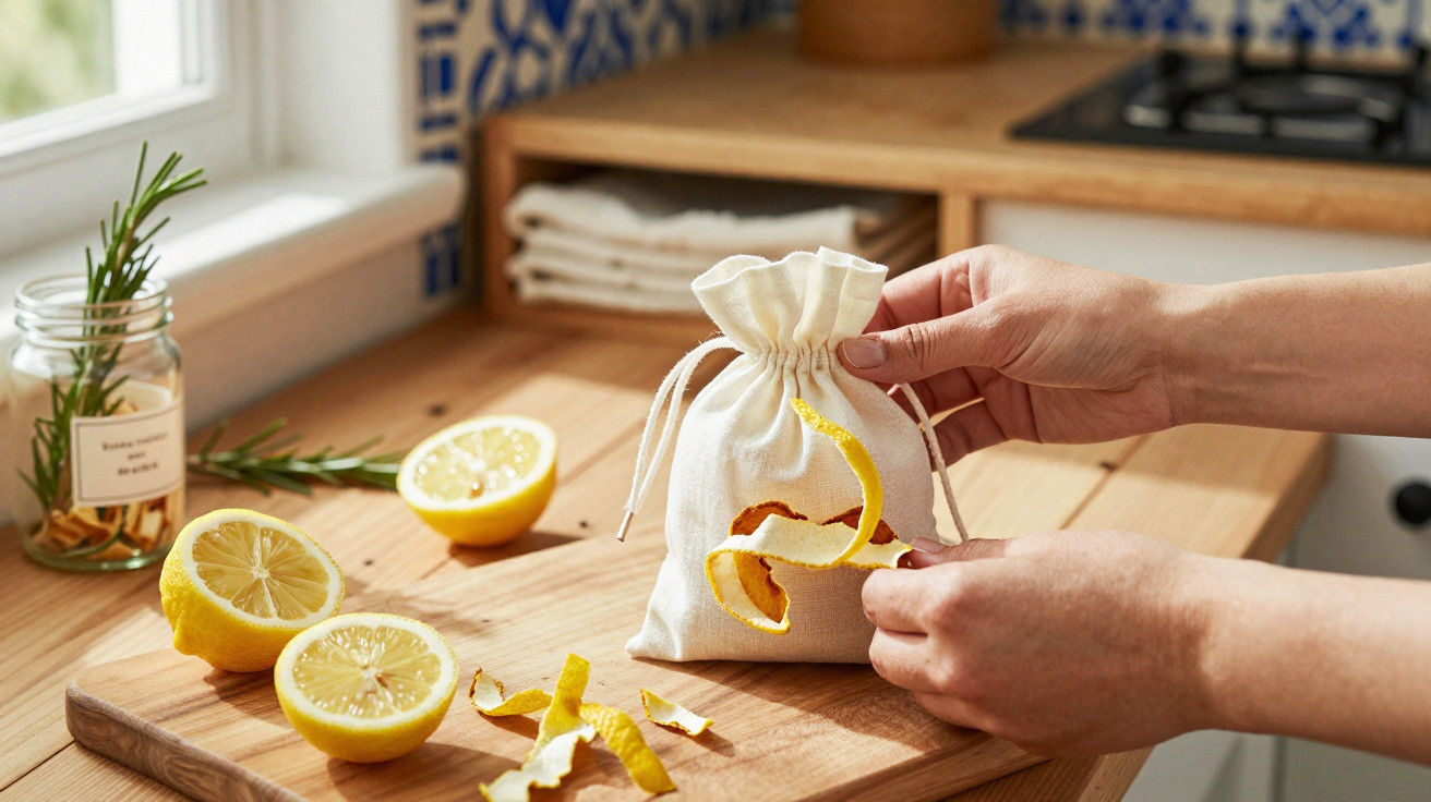 Hands placing lemon peel into a small white drawstring bag on a wooden kitchen countertop.