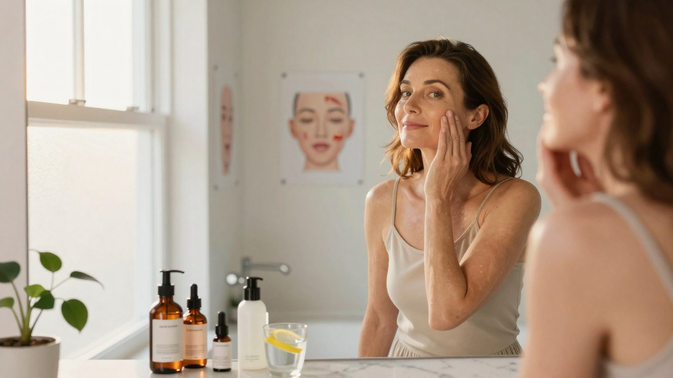 Woman applying skincare on her face in front of a bathroom mirror with skincare products on the counter.