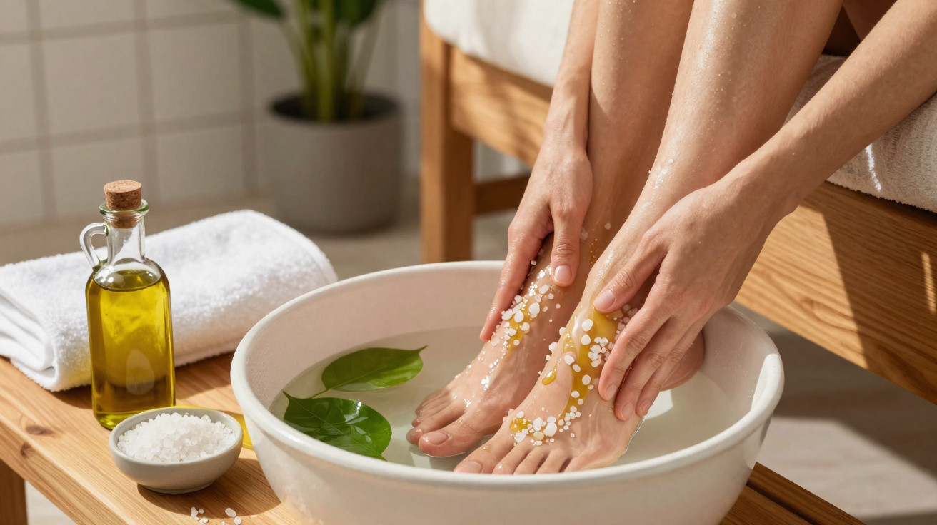Person soaking feet in warm water with bath salts and oil on a wooden bench in a spa setting.