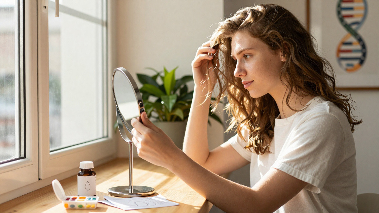 Young woman with curly hair looking into a round mirror on a wooden table by a window.