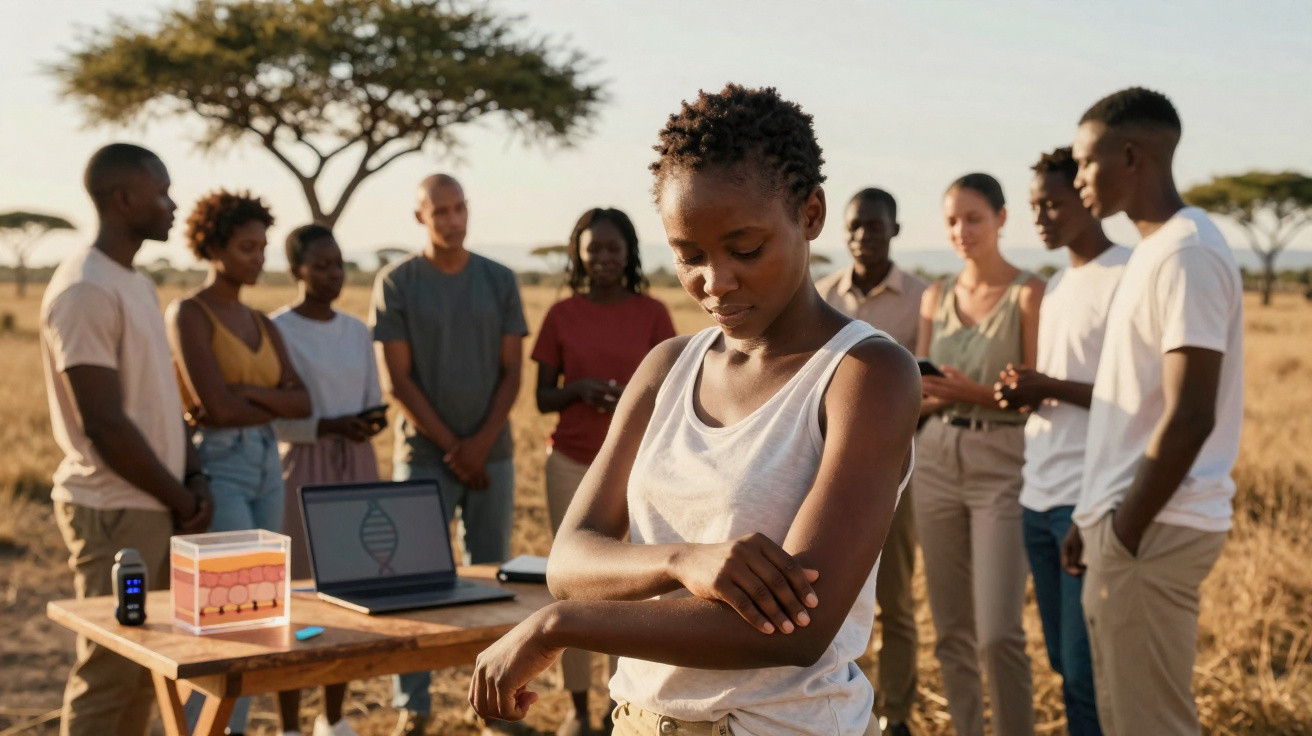 Young woman examining her arm with a group of diverse people and a DNA model on a table outdoors at sunset.