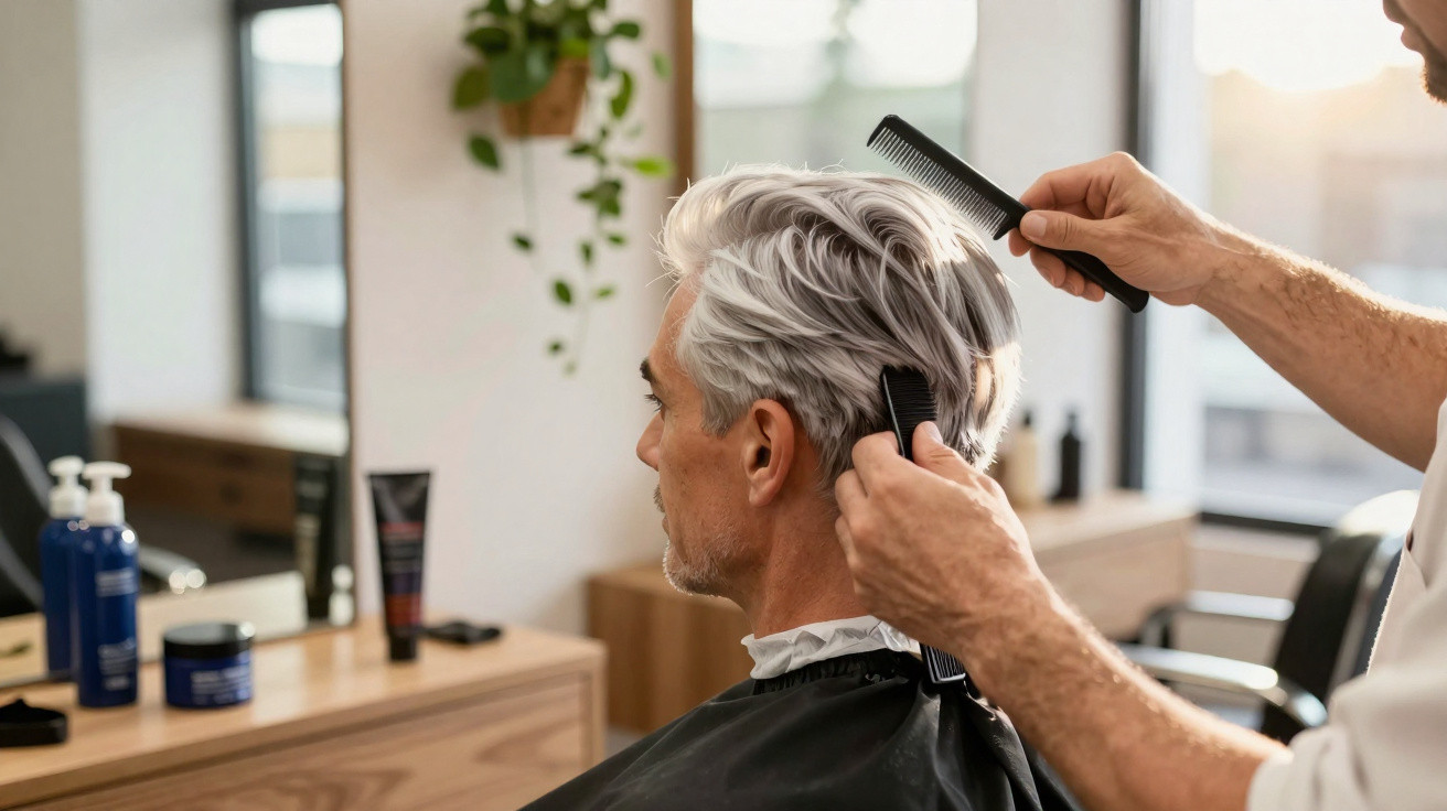Hairdresser combing and styling a middle-aged man's grey hair in a modern salon.