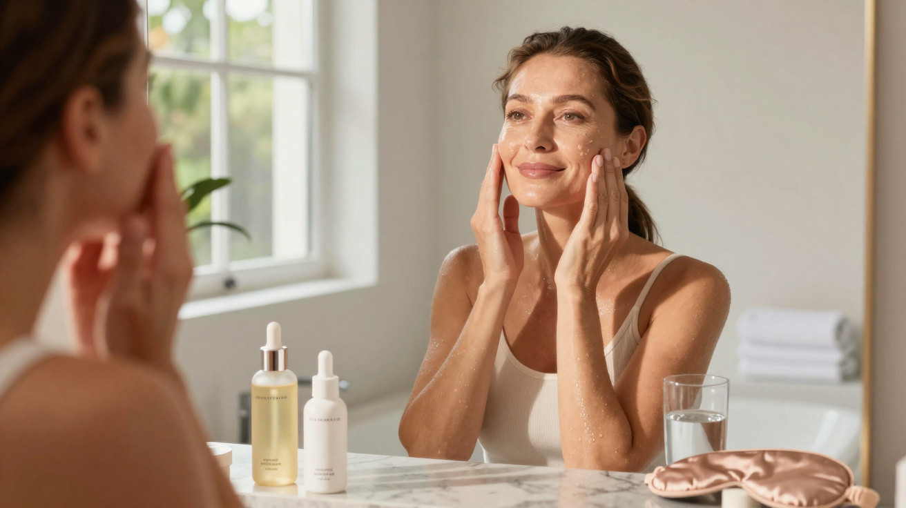 Woman applying facial serum in front of bathroom mirror with skincare products on the counter