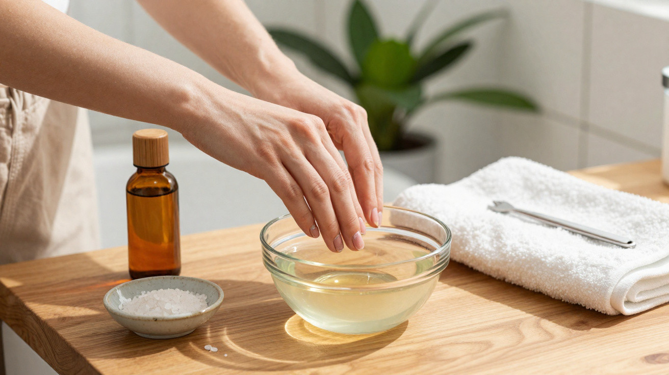 Hands soaking in a glass bowl with oil, sea salt, and a towel on a wooden table for a hand treatment.