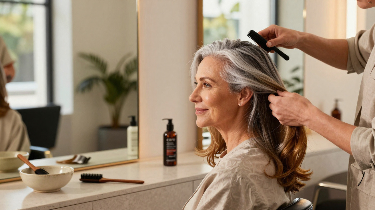Older woman with grey hair having her hair styled in a salon, seated by a mirror with hair products nearby.