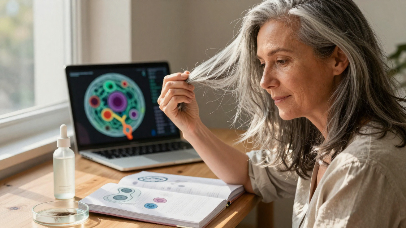 Woman with grey hair studying cell biology with textbook and laptop at wooden desk near window