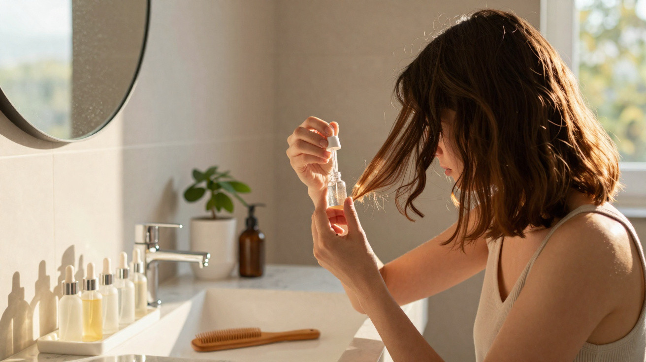 Woman applying hair serum from a dropper bottle in a sunlit bathroom by a sink and mirror.