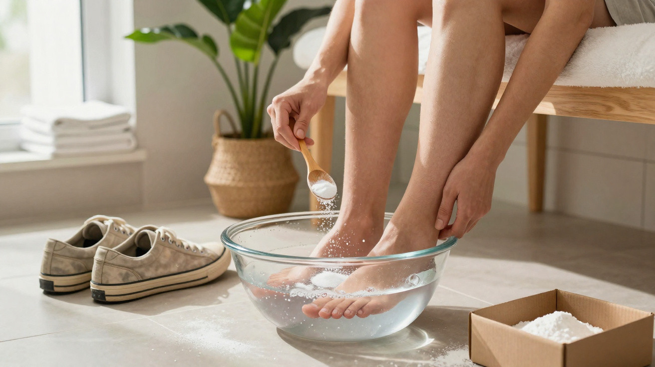 Person soaking feet in water with baking soda, shoes on floor beside and a plant in the background