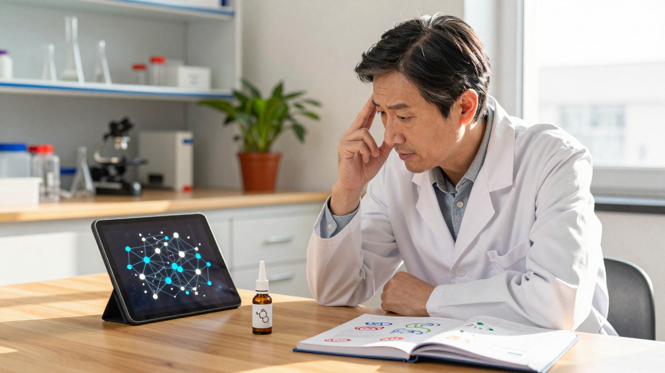 Male scientist in lab coat studying molecular network on tablet with open textbook and medicine bottle on table.