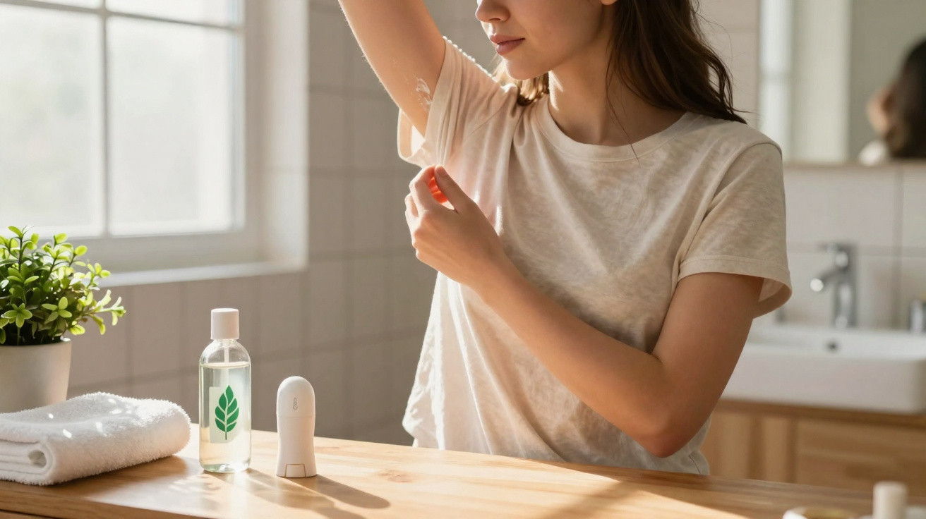 Woman applying deodorant in a bright bathroom with skincare products on the wooden counter next to her