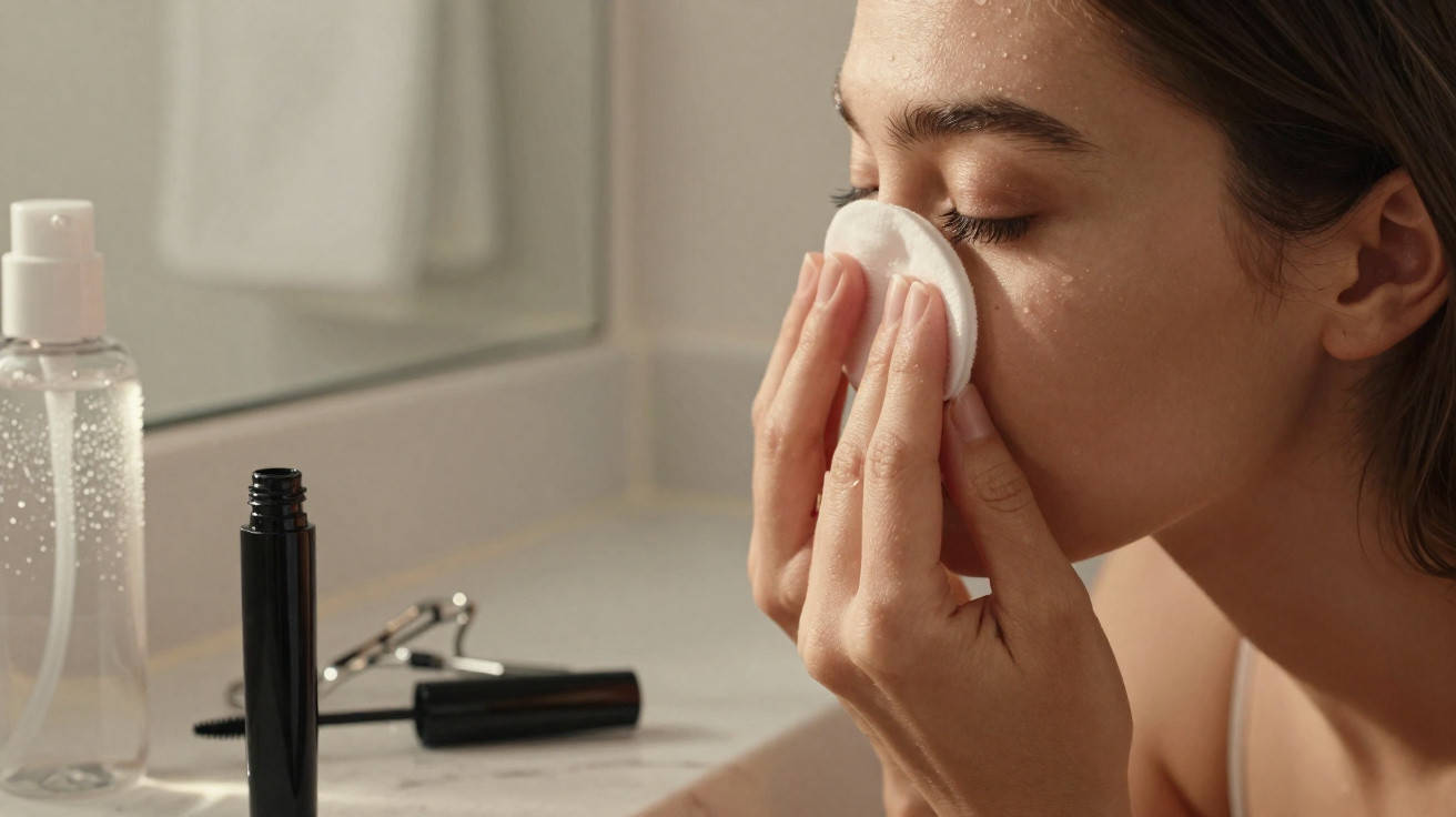 Woman removing makeup with a cotton pad at a bathroom sink with cosmetics and mirror visible.