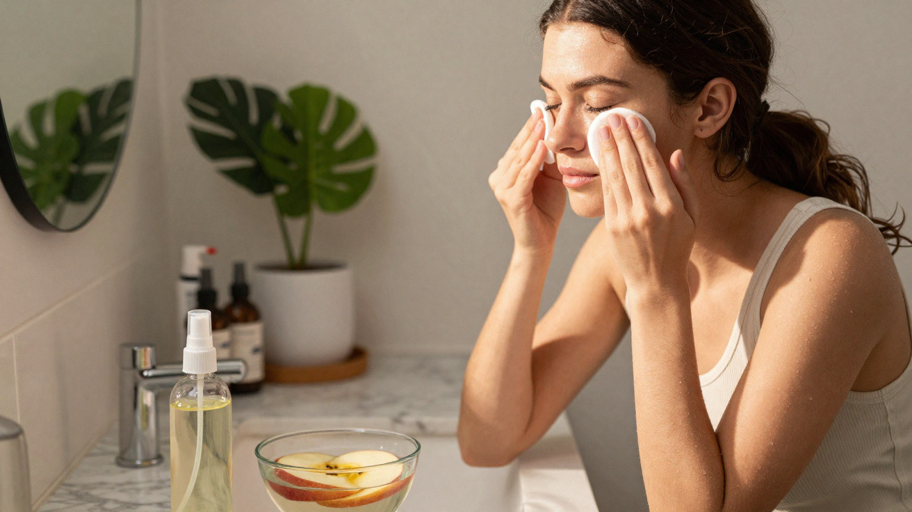 Woman in a white vest using cotton pads to cleanse her face in a bathroom with skincare products on the counter.
