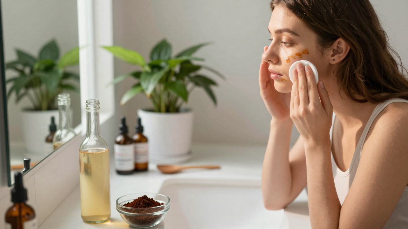 Woman applying a facial scrub with a cotton pad in a bright bathroom with skincare bottles and plants nearby